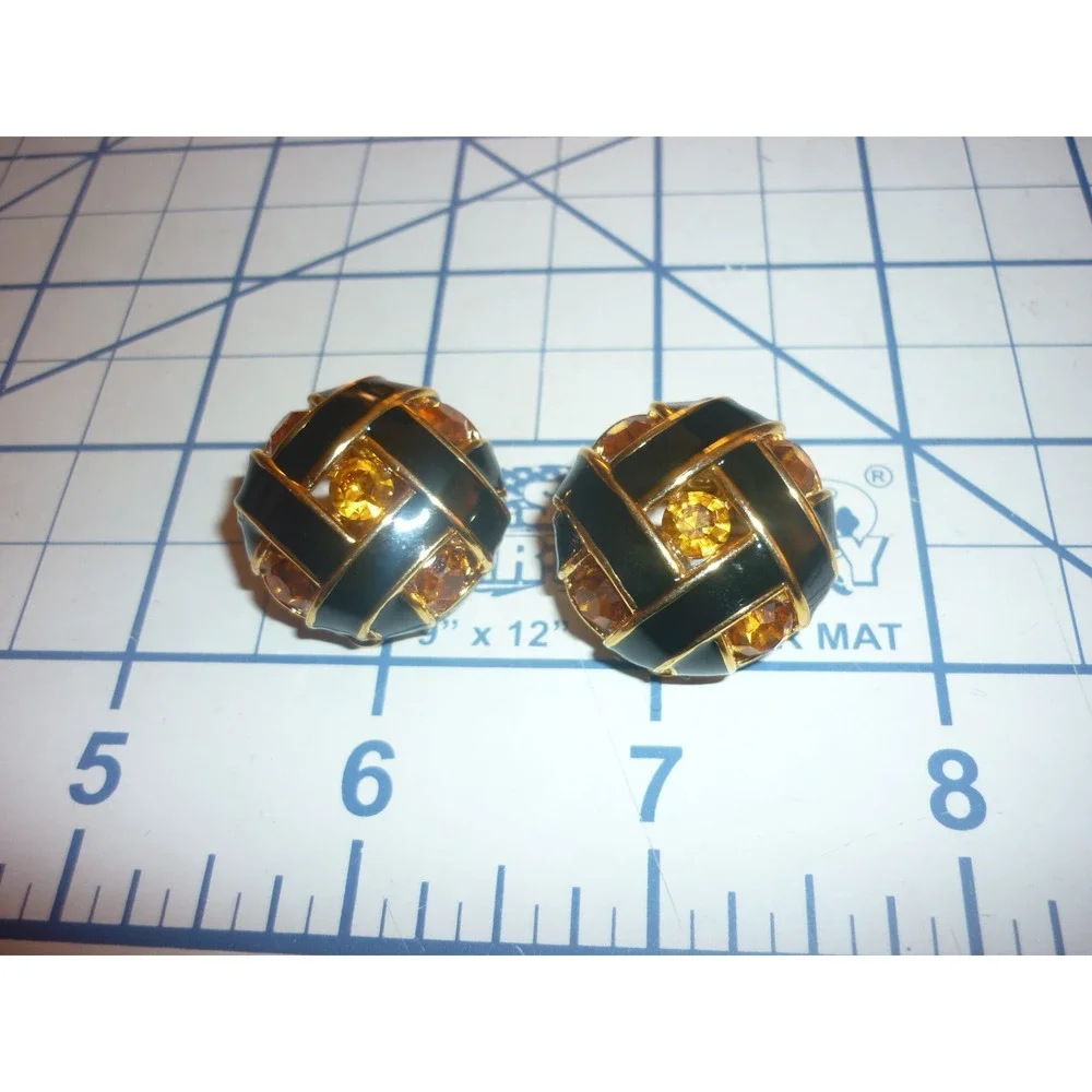 Vintage NOS Sue Ellen England Black Enamel Gold Tone Crystal Clip On Earrings